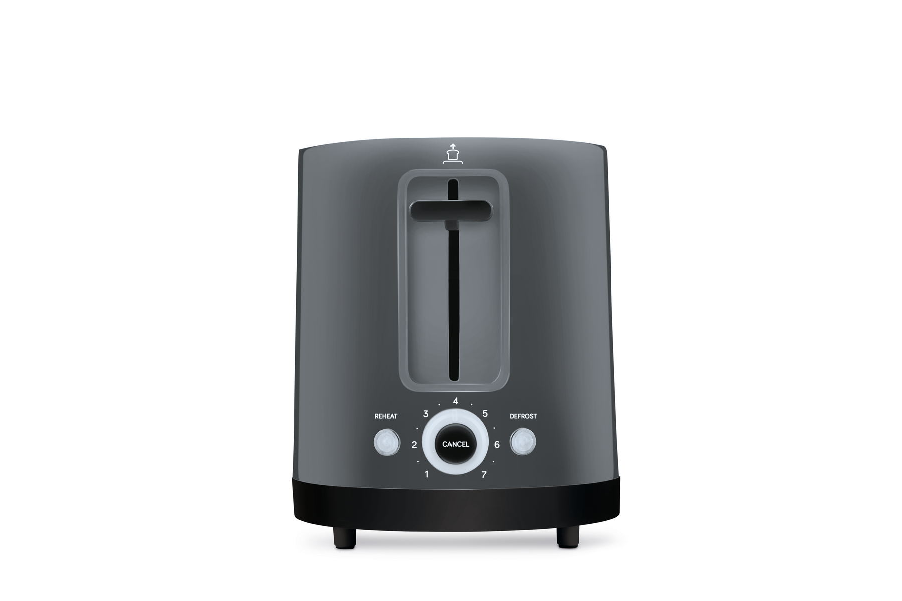 Schwarzer und grauer Toaster mit zwei Schlitzen. Bedienelemente umfassen Aufwärmen und Auftauen.