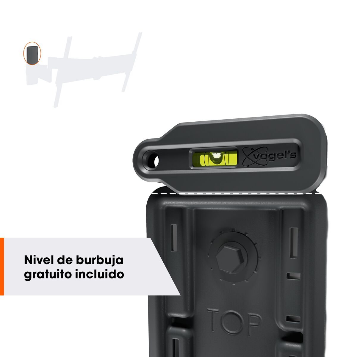 Soporte negro con nivel encima, con líquido amarillo. Texto: "Nivel de burbuja gratuito incluido"