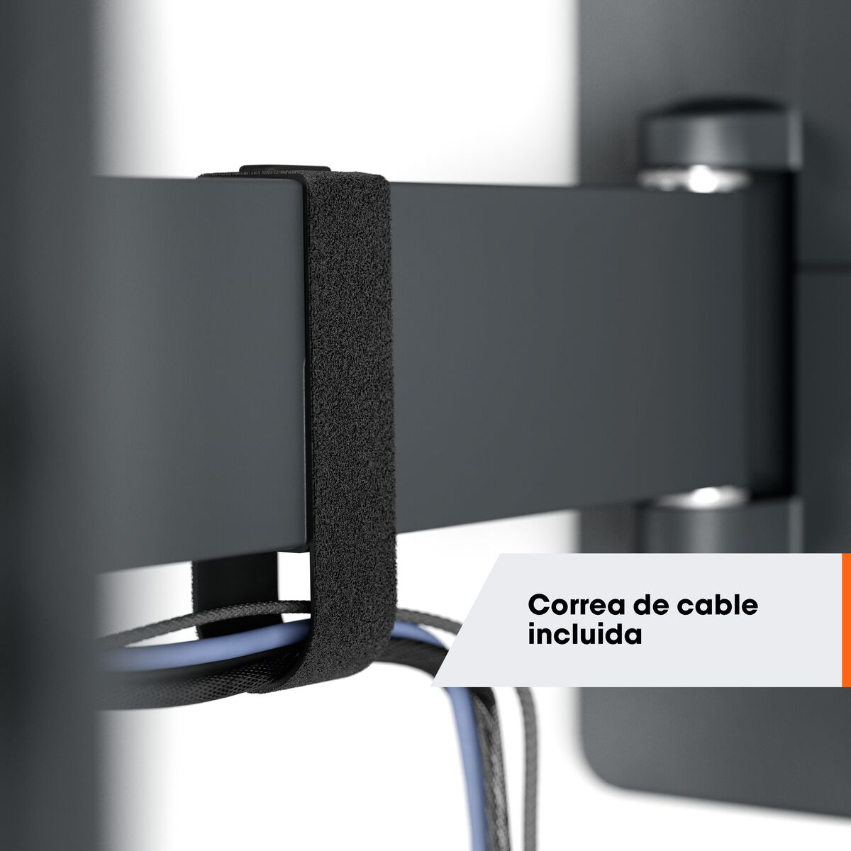 Primer plano de cables, una correa negra y un soporte de montaje. Texto: 'Correa de cable incluida'.