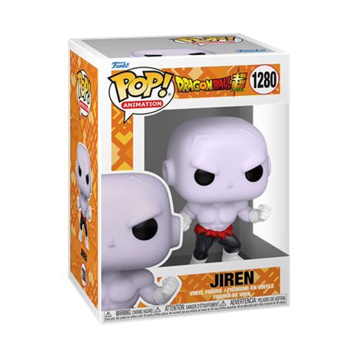 Figura Funko Pop! en caja. Figura blanca de Jiren de Dragon Ball. Caja naranja y blanca.