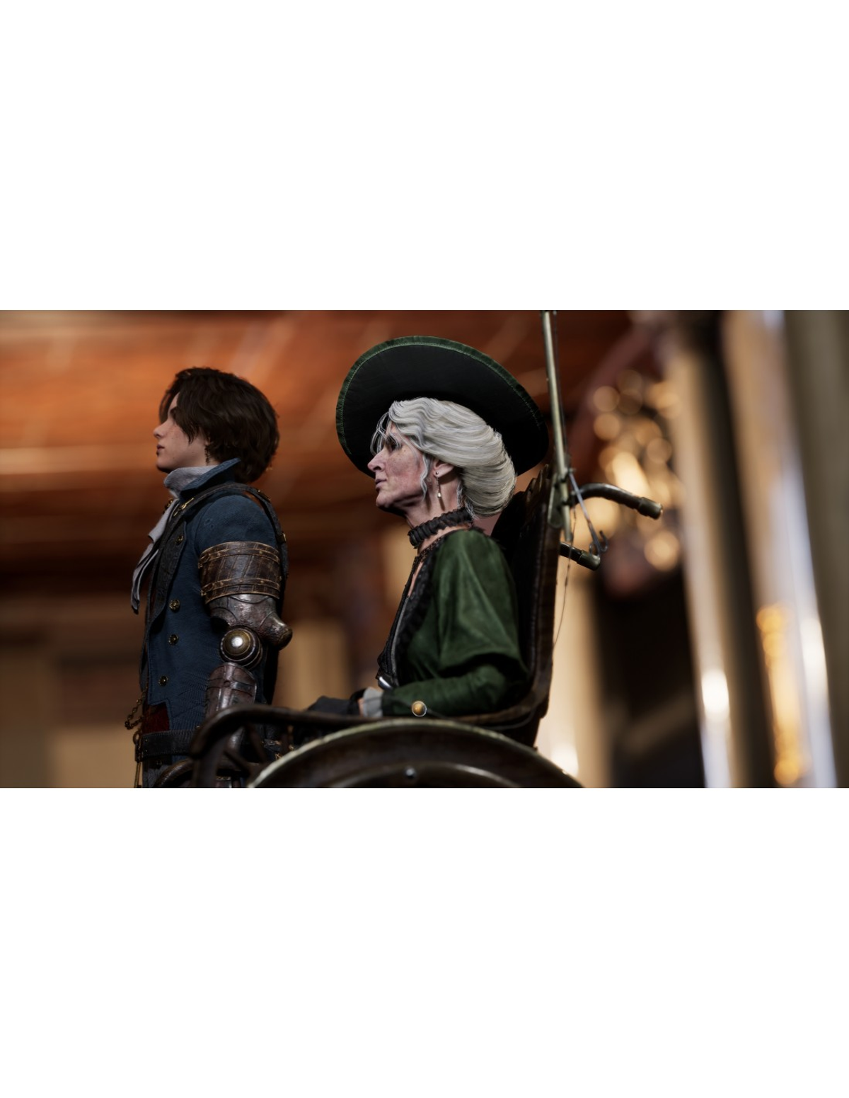 Mężczyzna i kobieta w pojeździe, widok z boku. Mężczyzna patrzy w górę, kobieta siedzi.