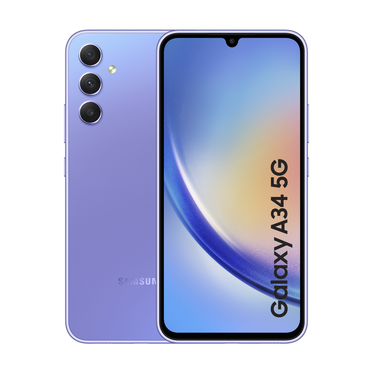 Telefono viola Samsung Galaxy A34 5G, che mostra il retro e lo schermo.