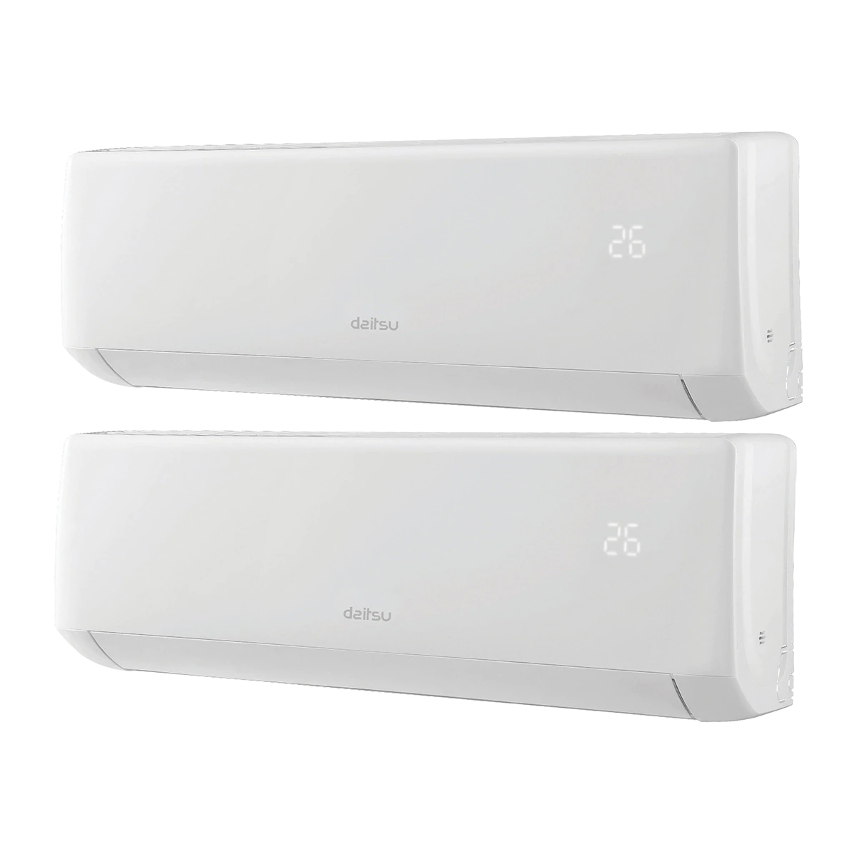 Dos aires acondicionados Daitsu blancos, con pantallas digitales mostrando 26, aislados sobre fondo negro.