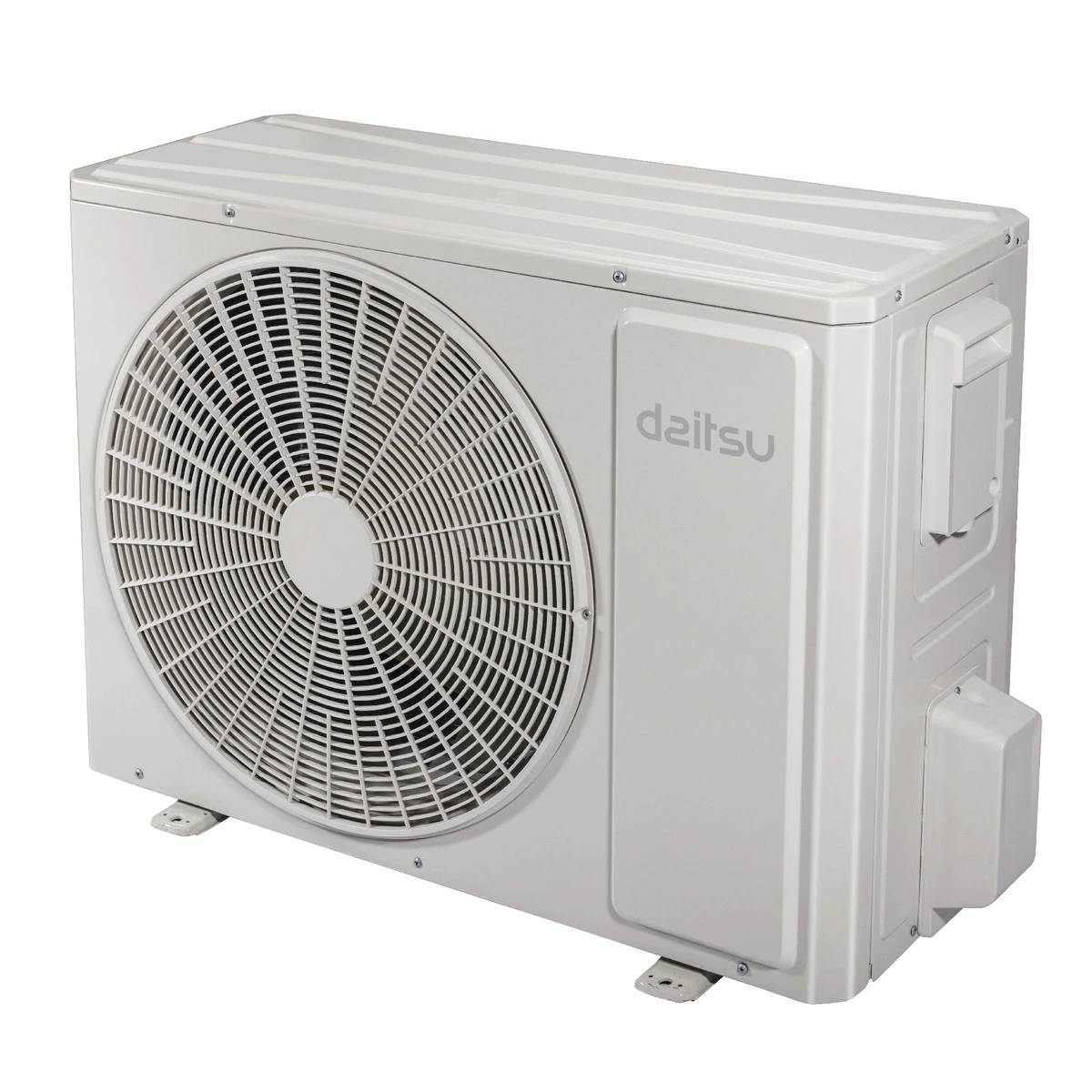 Una unidad de aire acondicionado exterior, de color blanco, con un ventilador y la marca 'daitsu'.