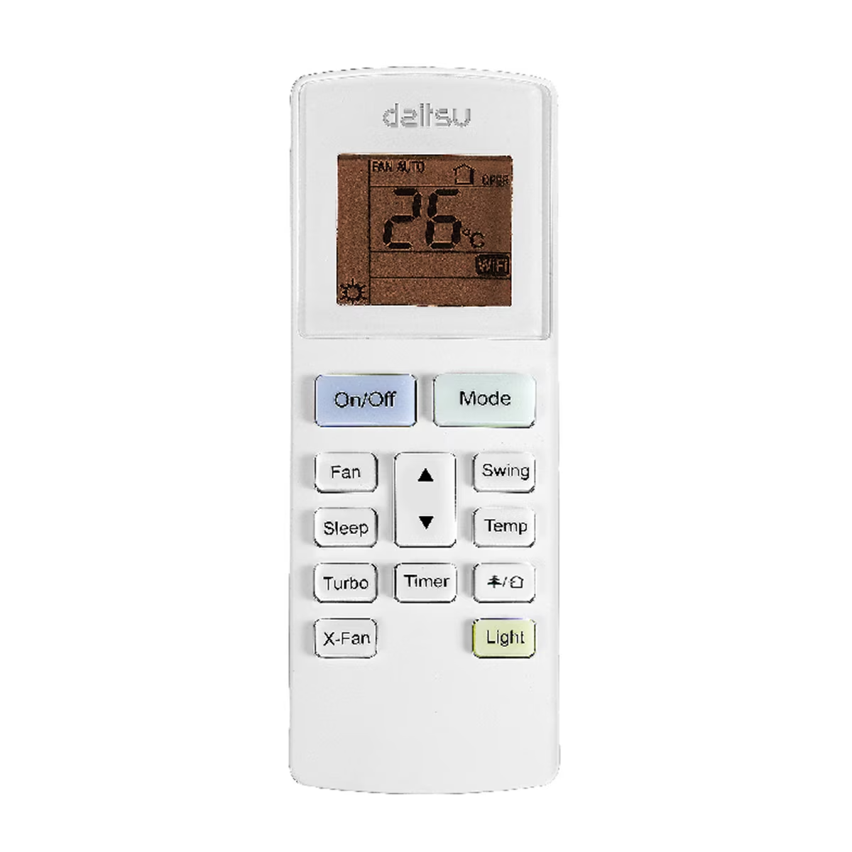 Mando a distancia blanco con varios botones y pantalla. Texto negro en la pantalla.