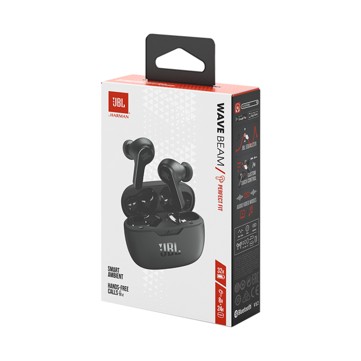 Słuchawki JBL Wave Beam w czarno-białym pudełku. Pudełko prezentuje produkt i jego funkcje.