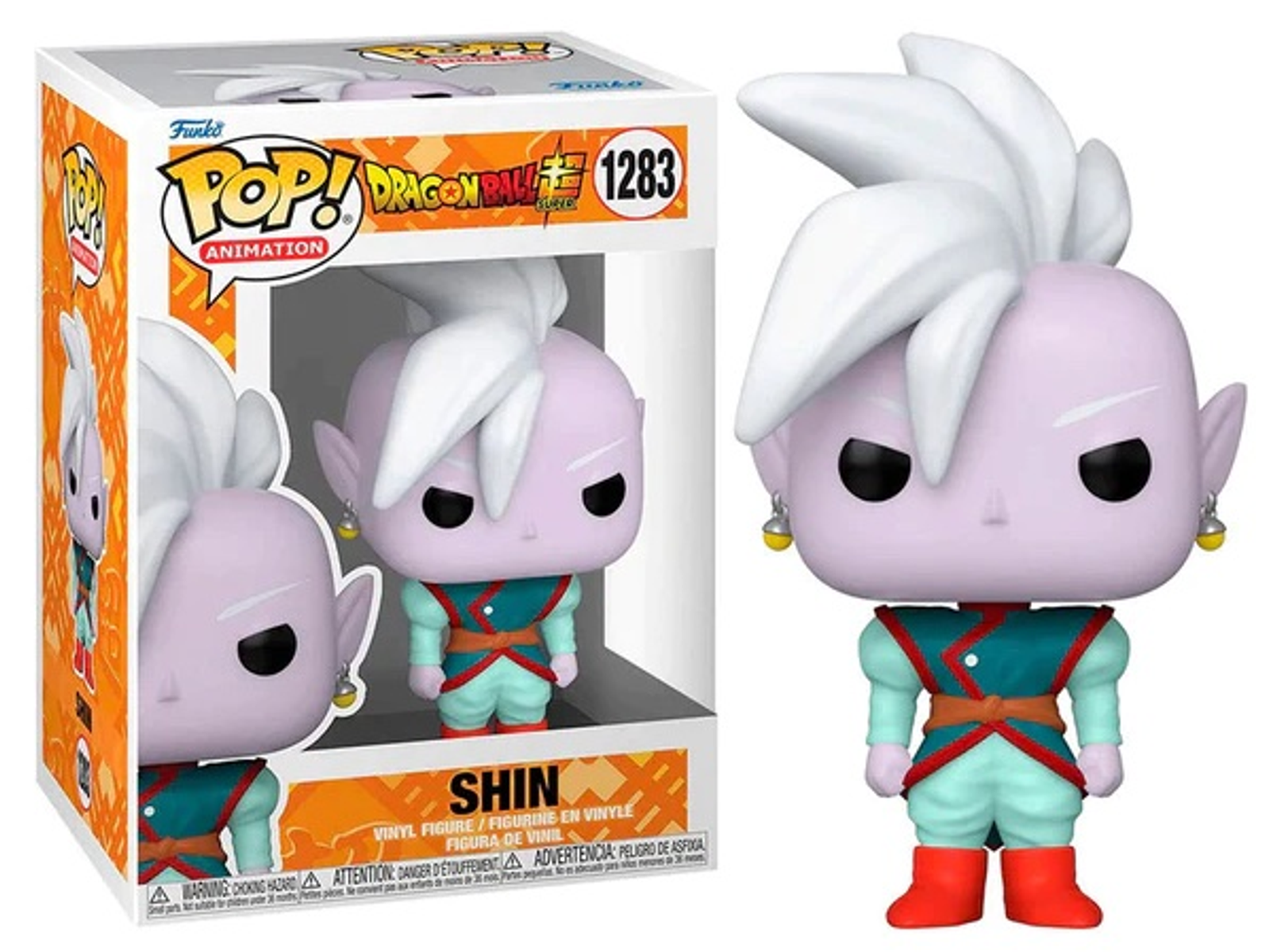Eine Funko Pop Figur von Shin aus Dragon Ball Super. Figur ist lila und weiß. Box mit Charakterbild.