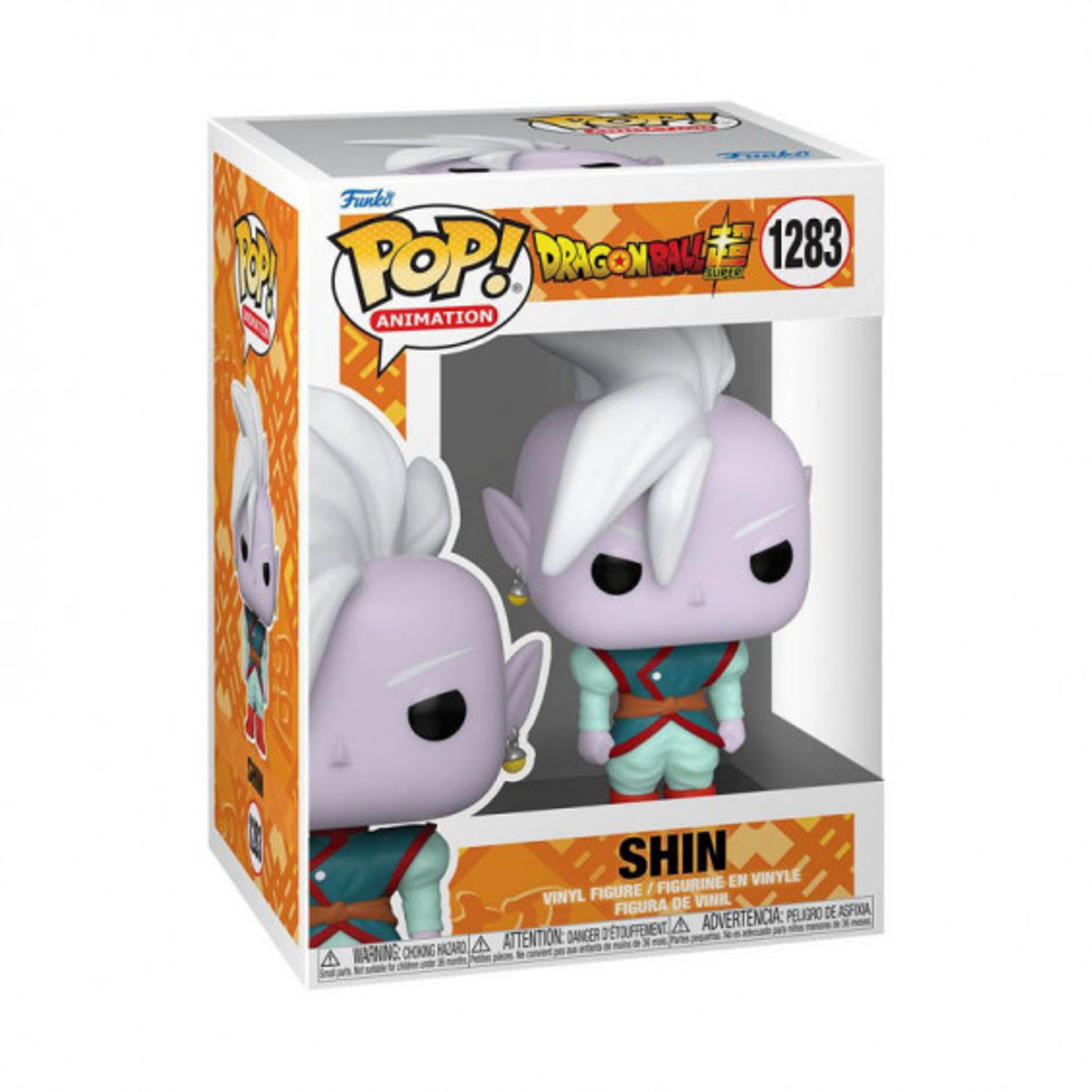 Funko Pop Figur von Shin, einem Dragon Ball Charakter, in einer Box.