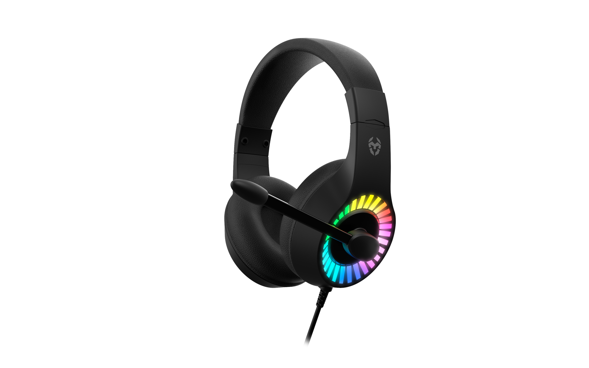 Cuffie da gioco nere con luci RGB sui padiglioni auricolari. Ha un microfono collegato.