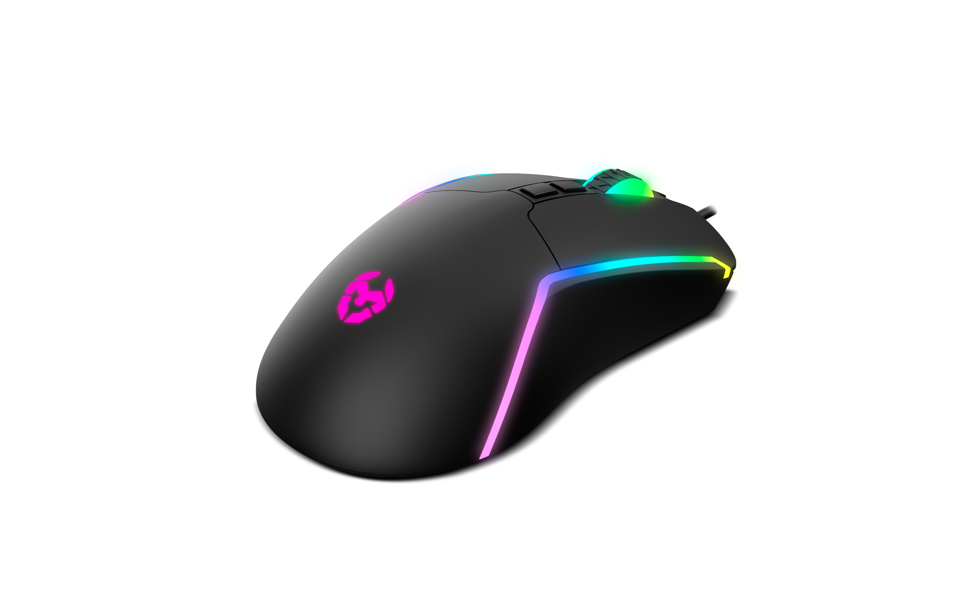 Mouse da gioco nero con illuminazione RGB e logo.