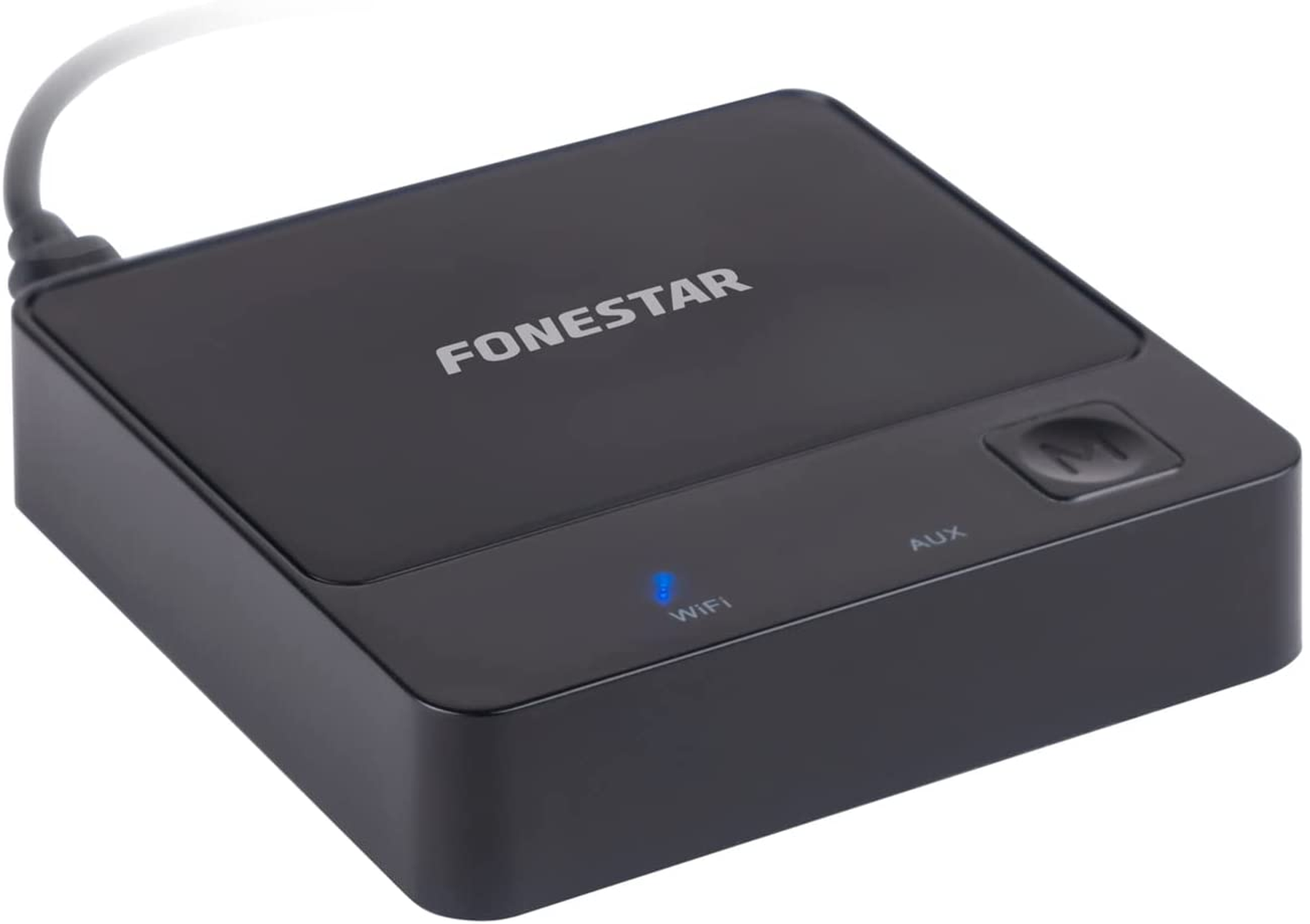 Czarne urządzenie Fonestar. Przyciski WiFi i AUX. Świeci się niebieskie światło.