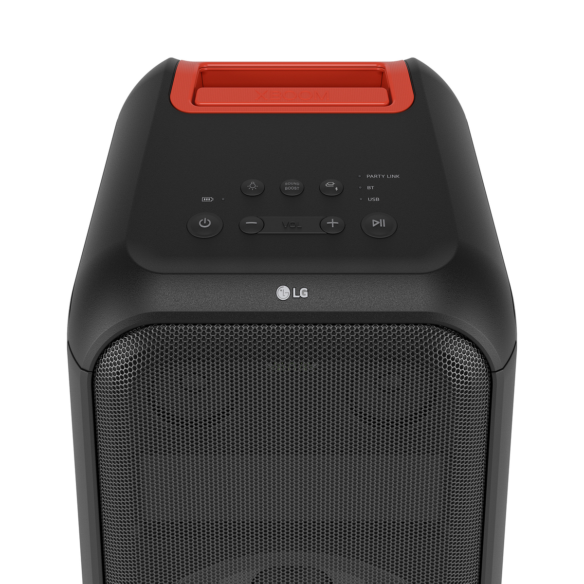 Altavoz negro y rojo con controles y frontal de malla. Logotipo de LG al frente.