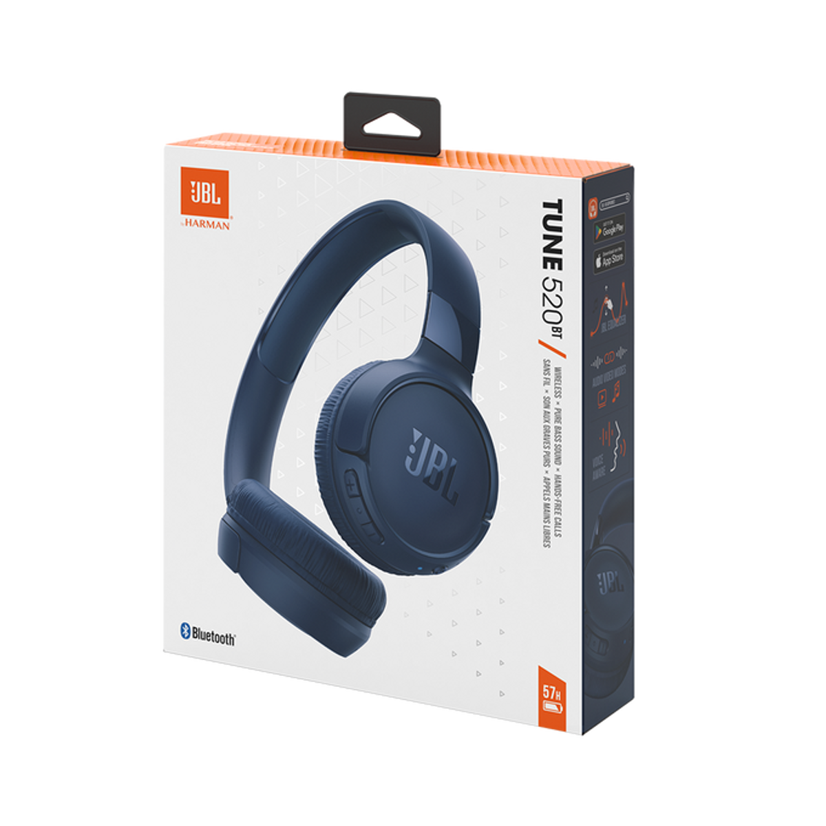 Słuchawki w pudełku, ciemnoniebieskie słuchawki na pudełku, widoczne logo JBL i Harman.