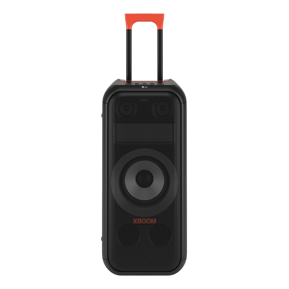 Un boombox negro de LG con asa roja y un altavoz grande.