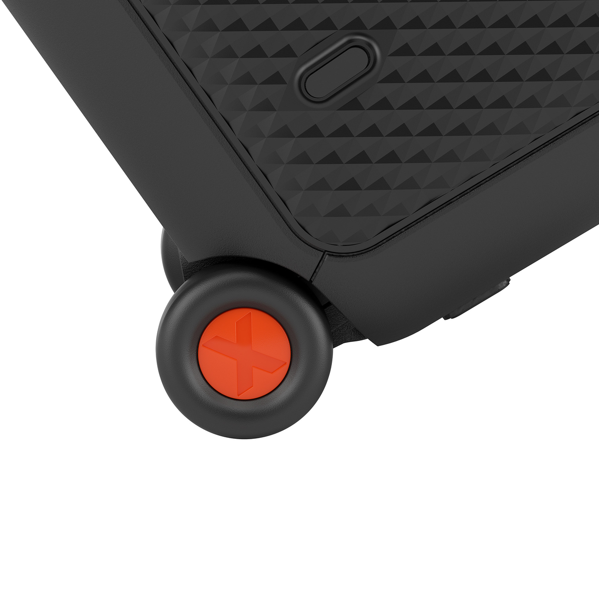 Rueda de maleta negra con centro naranja y símbolo X. La parte superior es texturizada.