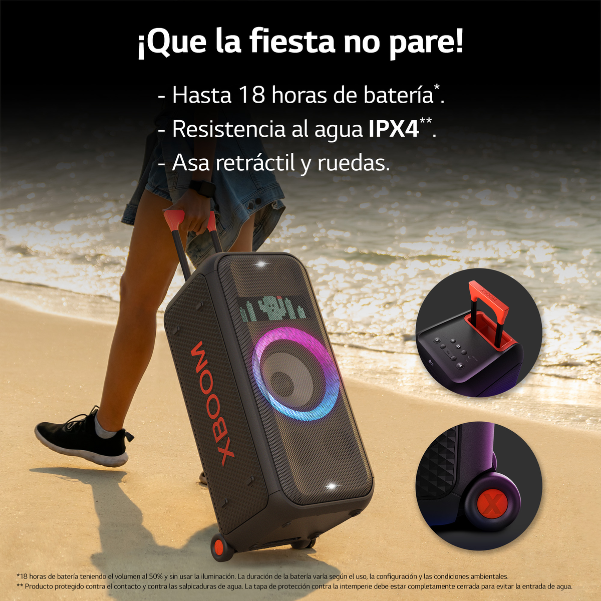 Altavoz rodante con texto e imágenes. Una mujer lo sostiene en una playa.
