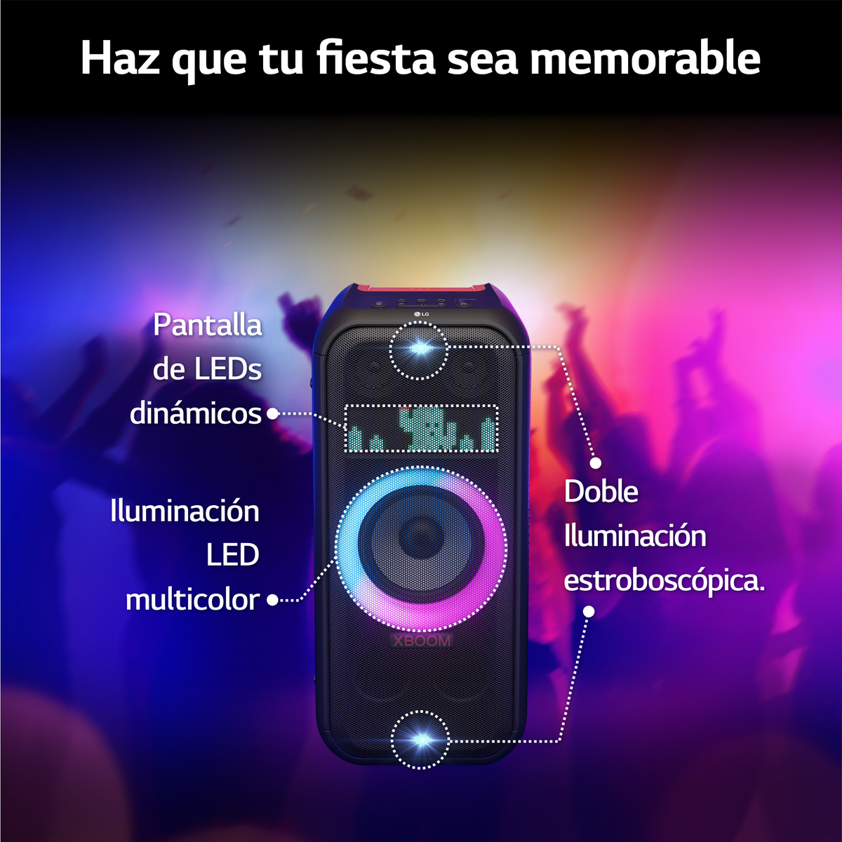 Altavoz de fiesta negro con luces LED. Iluminación multicolor y LED dinámicos. Fondo borroso.