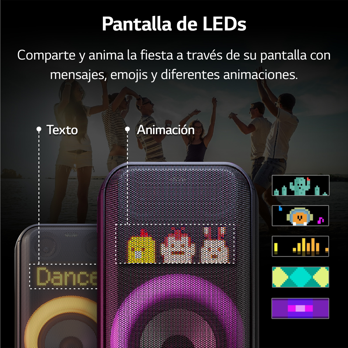 Altavoz con pantalla LED mostrando texto y animaciones con gente bailando.