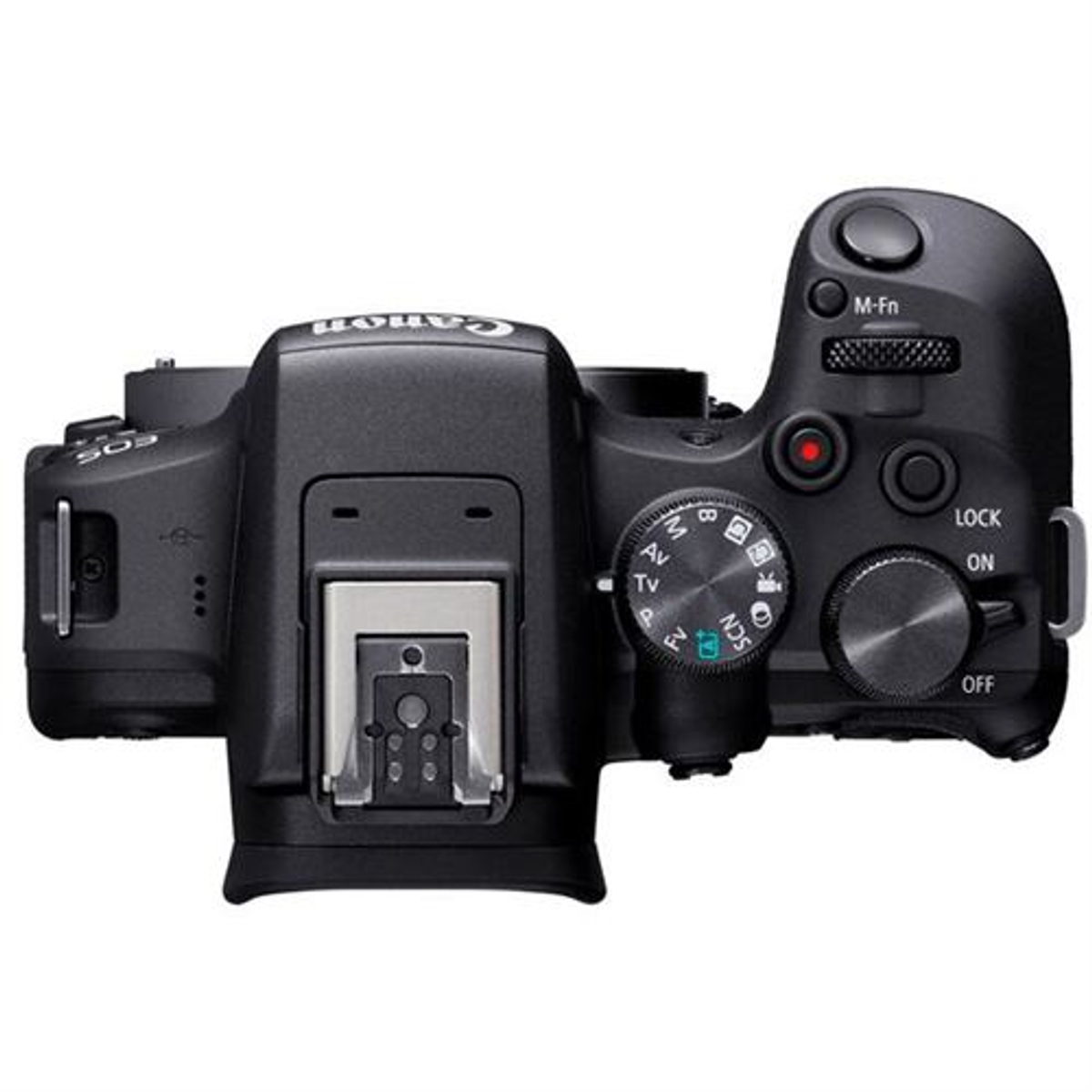 Vista superior de una cámara Canon negra con controles y montura del objetivo.