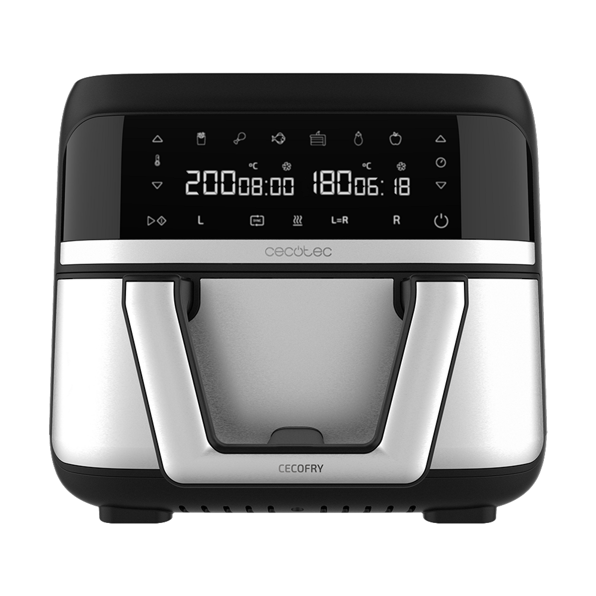 Freidora de aire negra y plateada con pantalla digital que muestra ajustes de temperatura y tiempo.