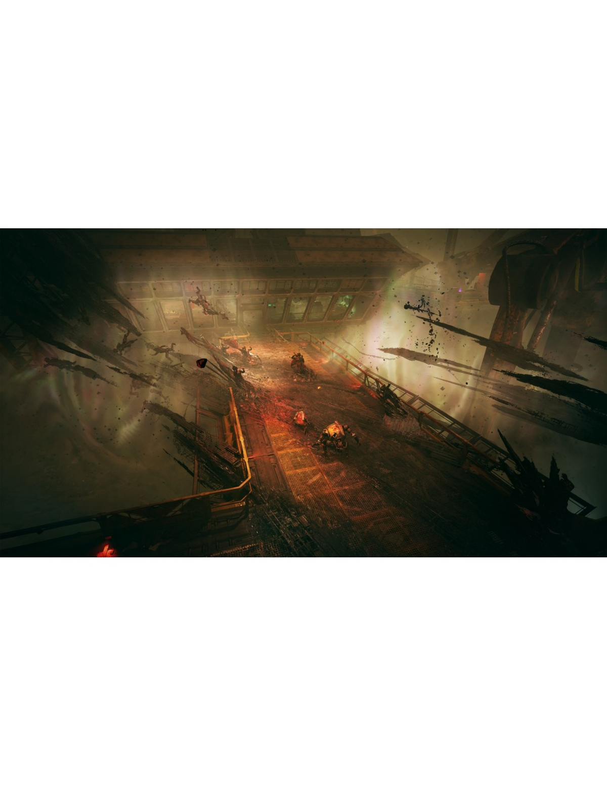 Mroczna, surowa scena z gry: postacie na moście, z ognistym, przemysłowym tłem.