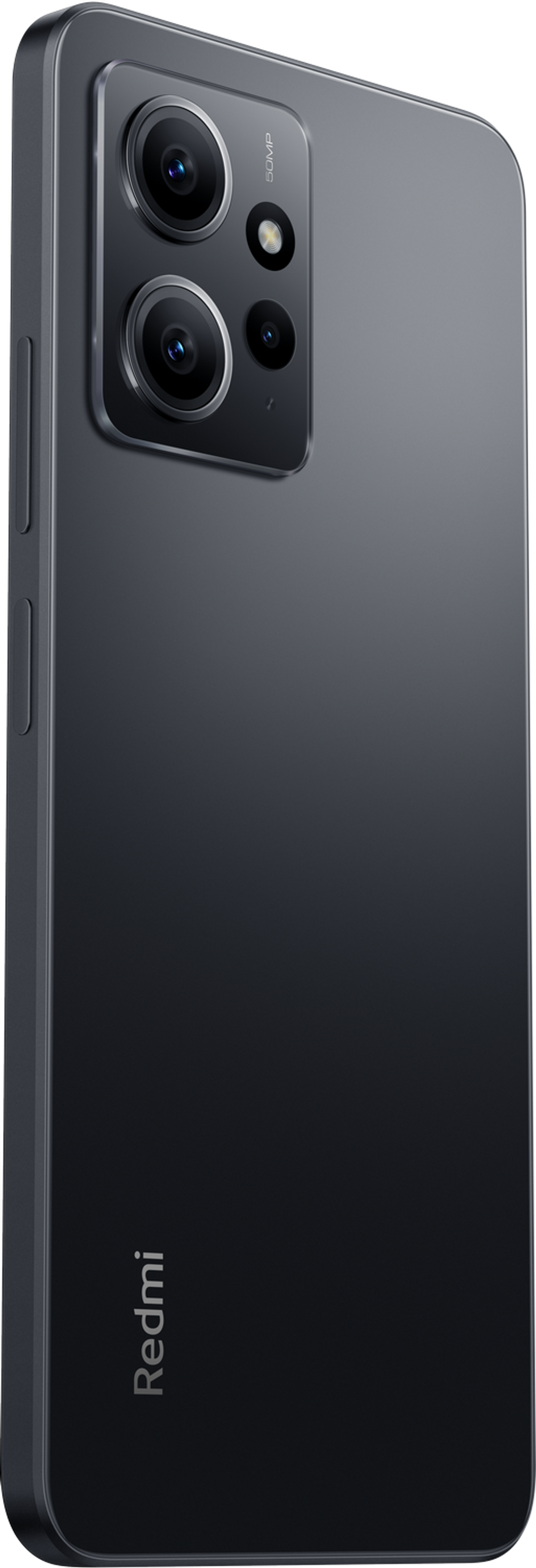 Czarny smartfon, widok z tyłu, z trzema aparatami i logo Redmi, na białym tle.