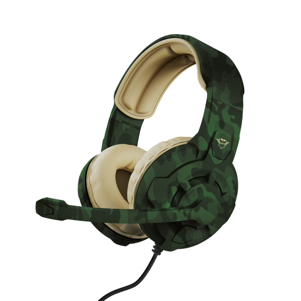 Cuffie da gioco con motivo mimetico verde con padiglioni beige e microfono a braccio. Le cuffie hanno un cavo nero.