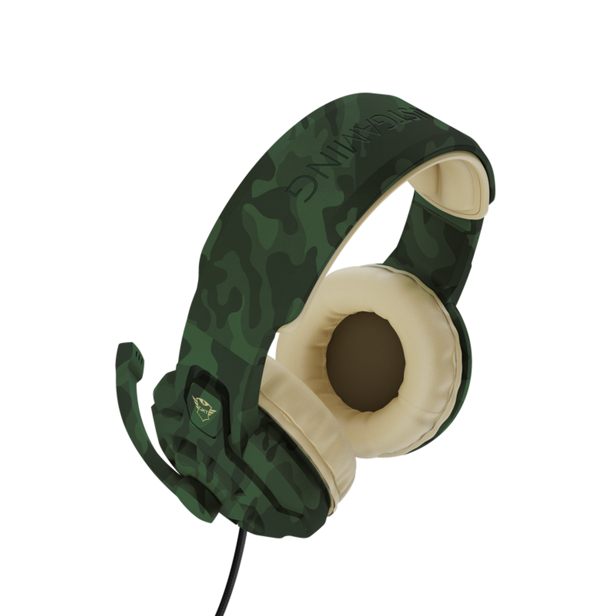 Una cuffia da gioco mimetica verde con un microfono. I padiglioni sono beige.