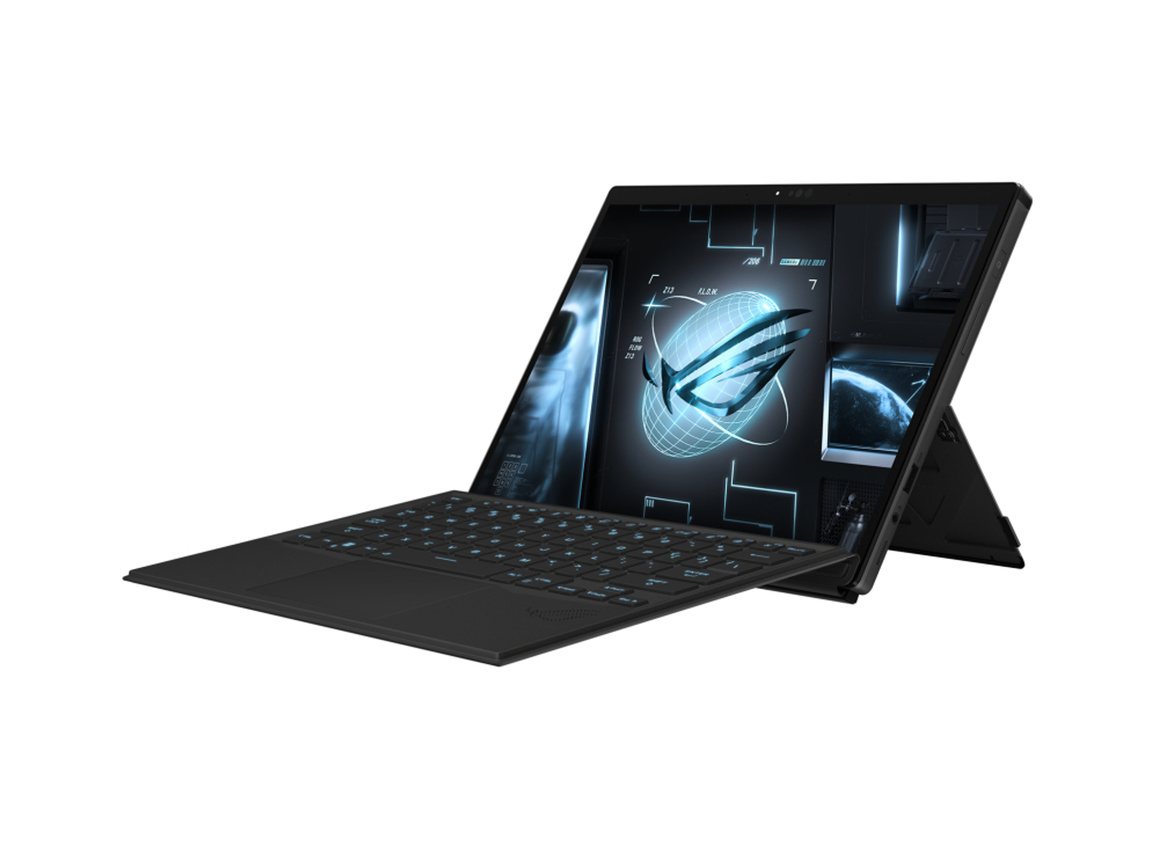 Schwarzer Laptop mit offenem Bildschirm, der Grafikdesign zeigt. Tastatur sichtbar, weißer Hintergrund.
