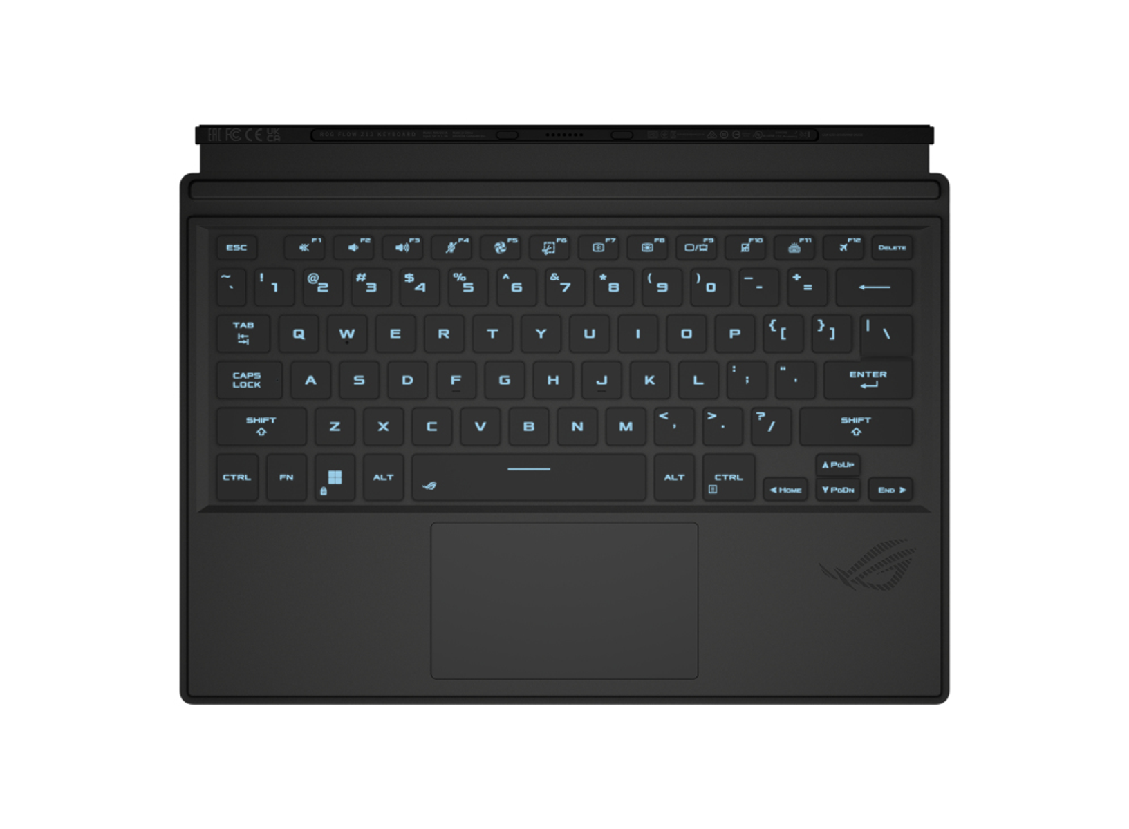 Schwarze Tastatur, Draufsicht. Layout sichtbar. Beleuchtete Tasten. Trackpad unten.