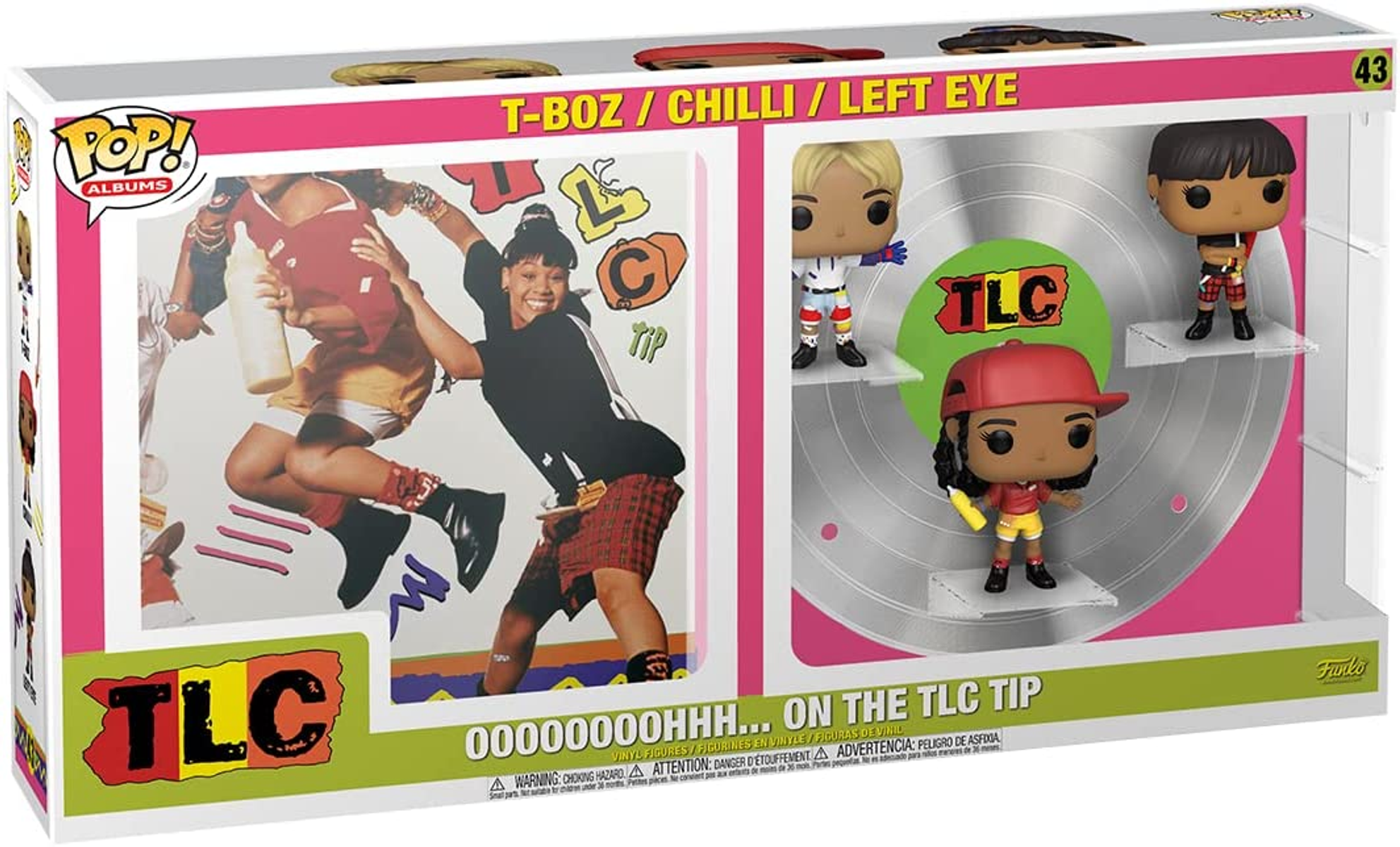 Eine Funko Pop!-Anzeige mit TLC-Albumcover und Figuren der Bandmitglieder. Das Gehäuse ist transparent.
