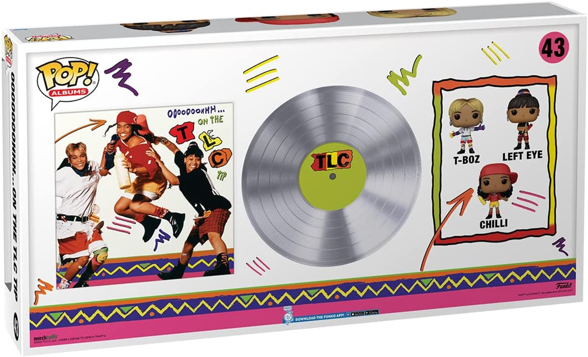 Funko Pop-Box-Set mit TLC-Mitgliedern und Album-Art auf weißem Hintergrund.