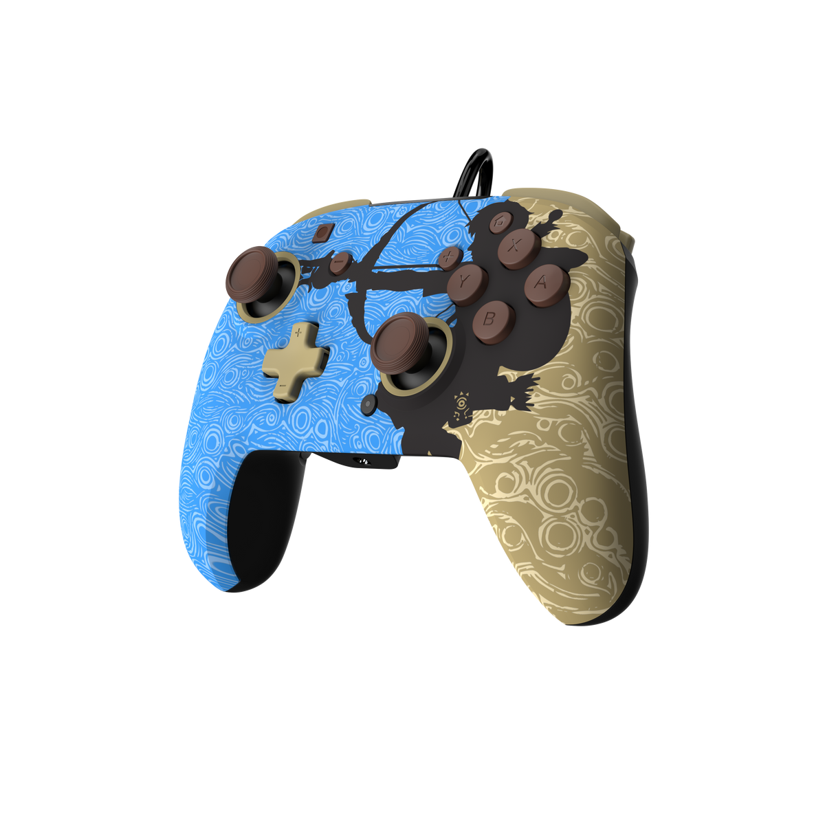 Niebiesko-brązowy kontroler z czarnymi przyciskami. Motyw Zelda. Czarne tło.