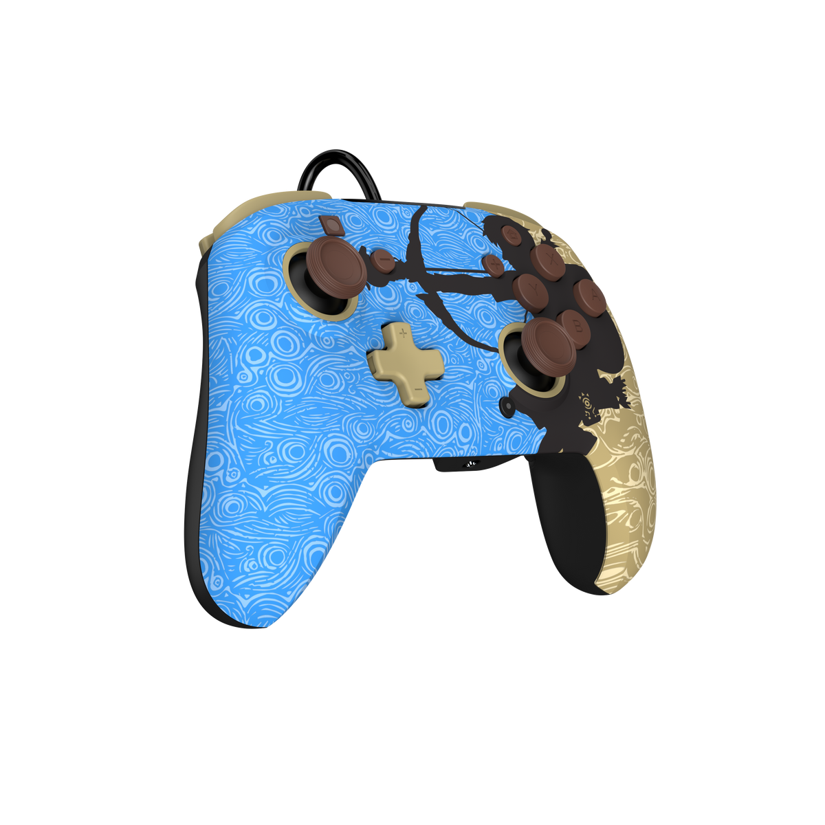 Niebiesko-czarny gamepad ze złotymi akcentami, wzorzysty design.