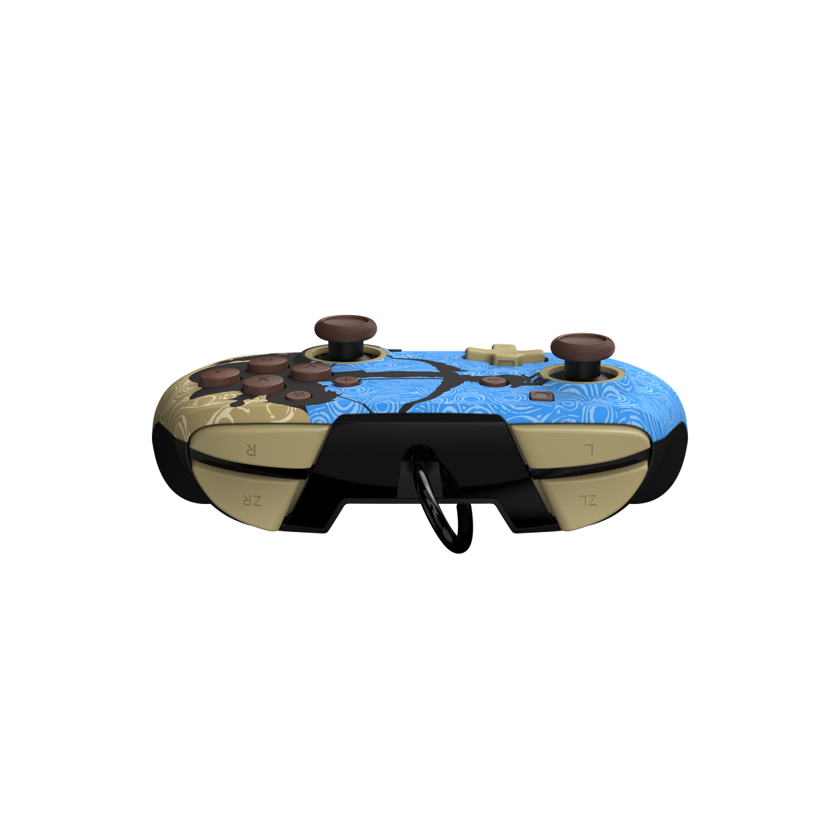 Niebiesko-beżowy kontroler z brązowymi przyciskami, do gier. Posiada przyciski ZR, ZL, L, R.