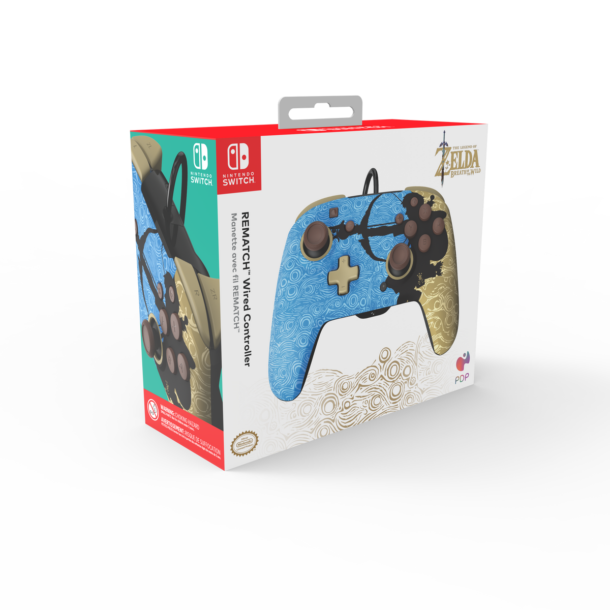 Kontroler Nintendo Switch w pudełku. Niebieski kontroler z designem Zelda.