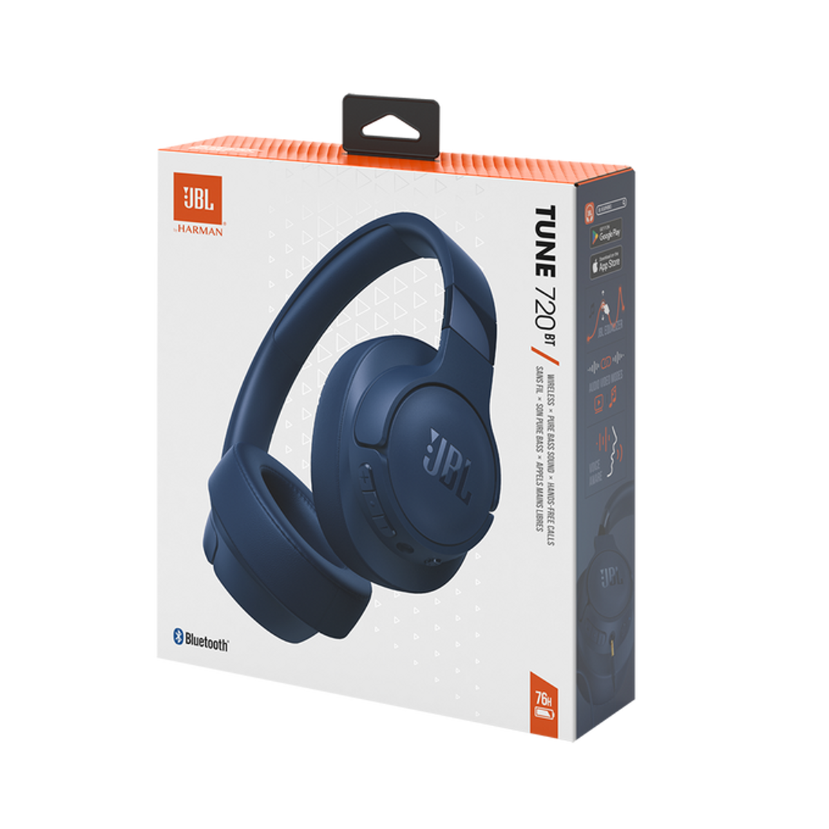 Granatowe słuchawki JBL w pudełku na białym tle, z marką i tekstem na pudełku.