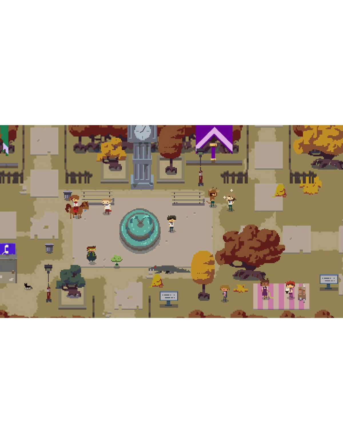Escena de parque pixelada con gente, árboles y una fuente.