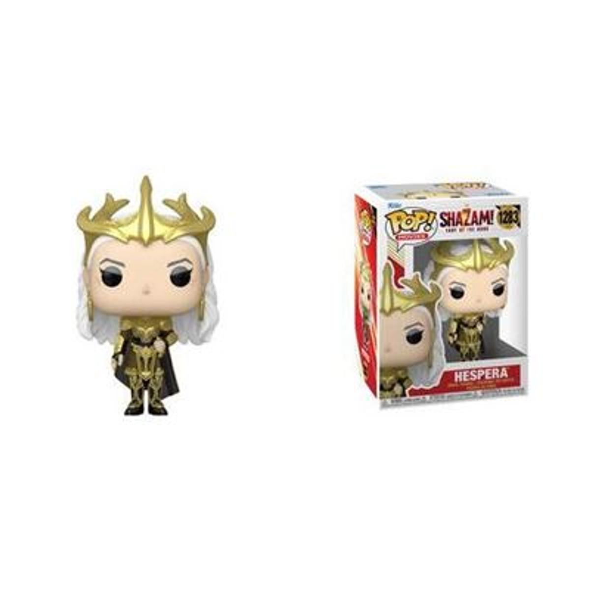 Funko Pop Figur von Hespera und ihre Box. Die Figur ist in Gold und Schwarz.