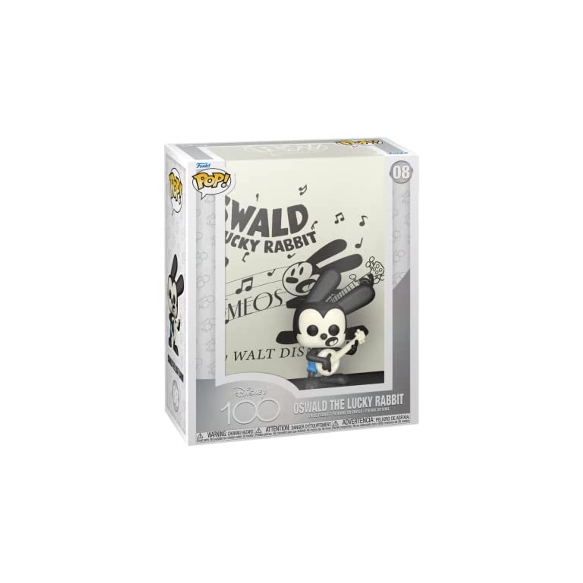 Figura de Oswald el Conejo Afortunado en una caja con texto e imagen de dibujos animados.