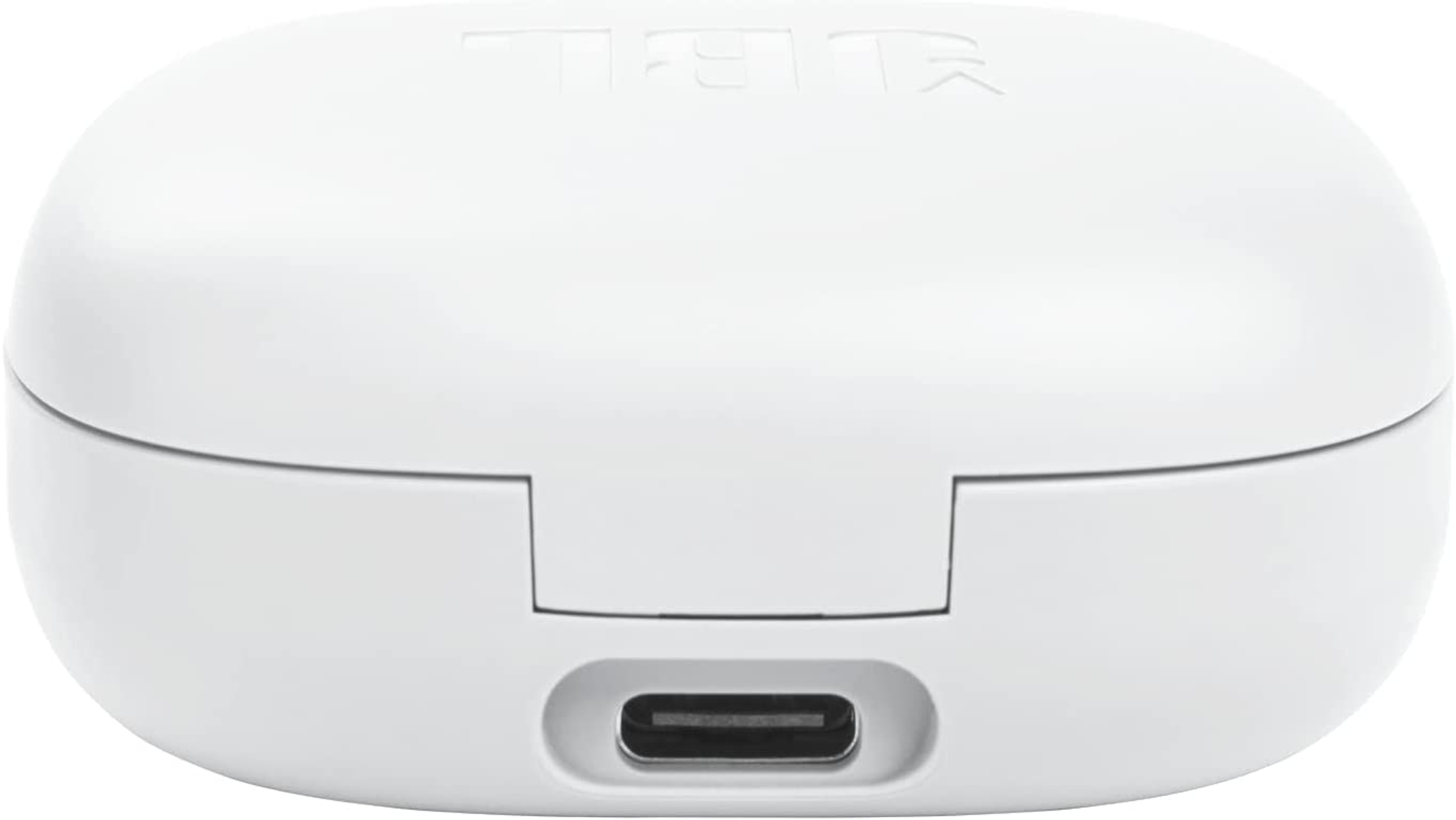 Białe etui ładujące słuchawki JBL z portem ładowania na dole.