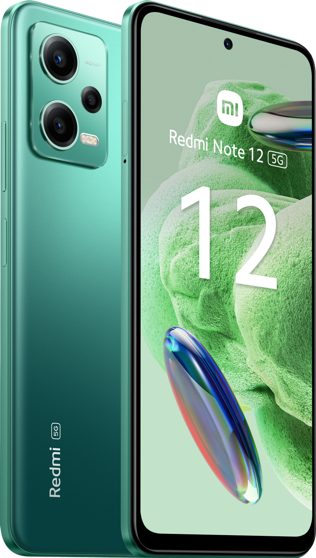 Een blauwgroene Redmi Note 12 5G smartphone, met het scherm en de achterkant, op een witte achtergrond.