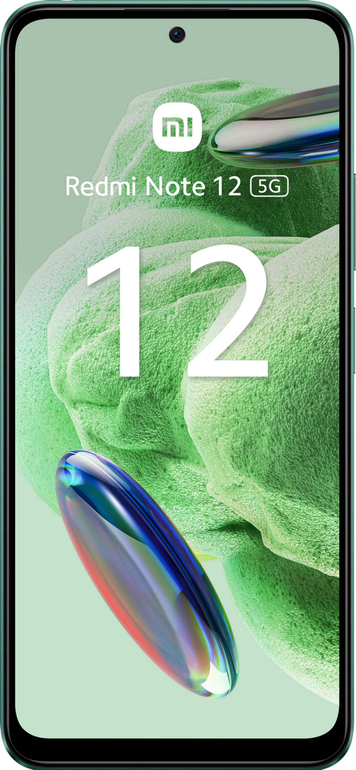 Redmi Note 12 5G telefoon, groen-blauwe kleur, met nummer 12 op het scherm.