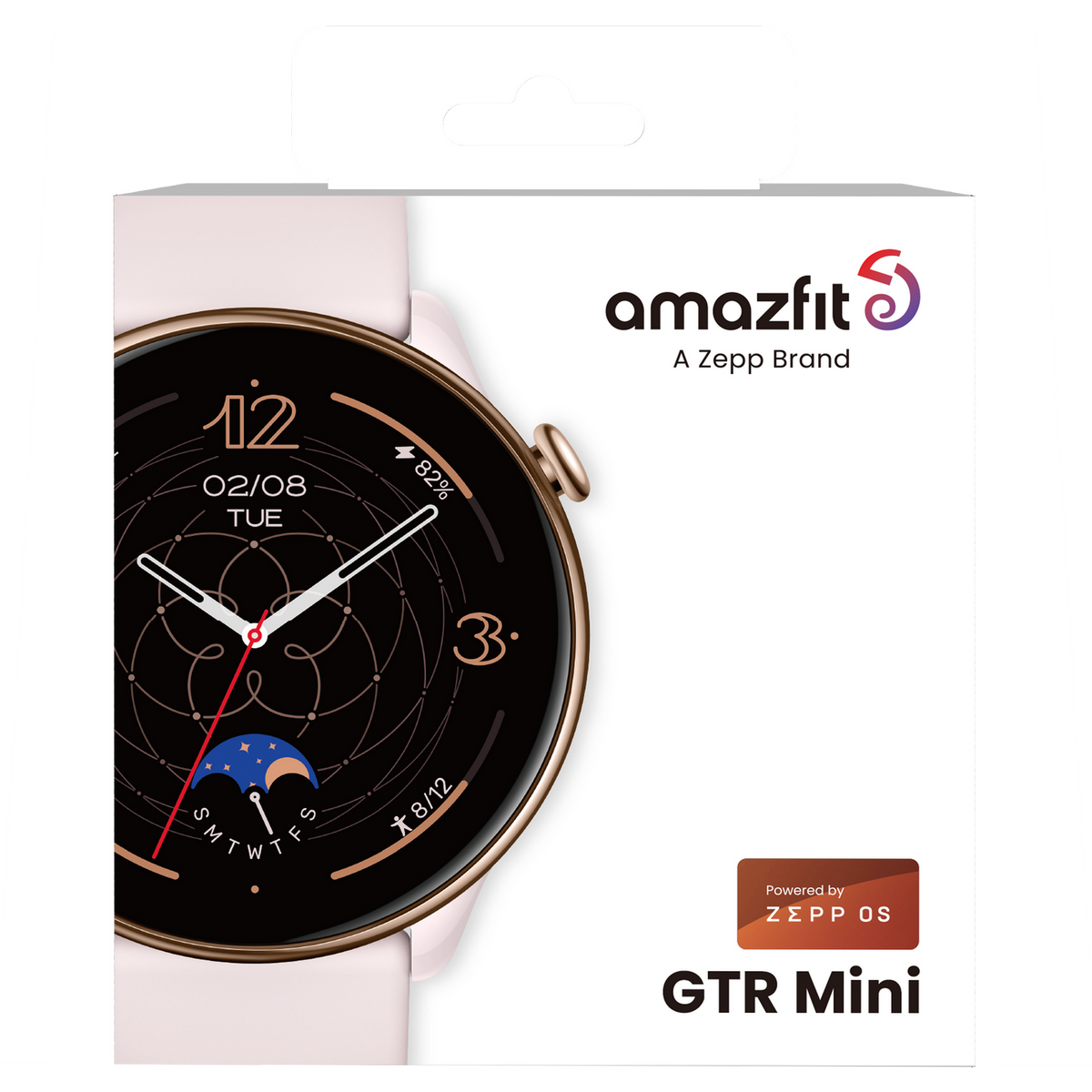 Scatola dello smartwatch Amazfit GTR Mini, che mostra il quadrante con la data e l'ora.