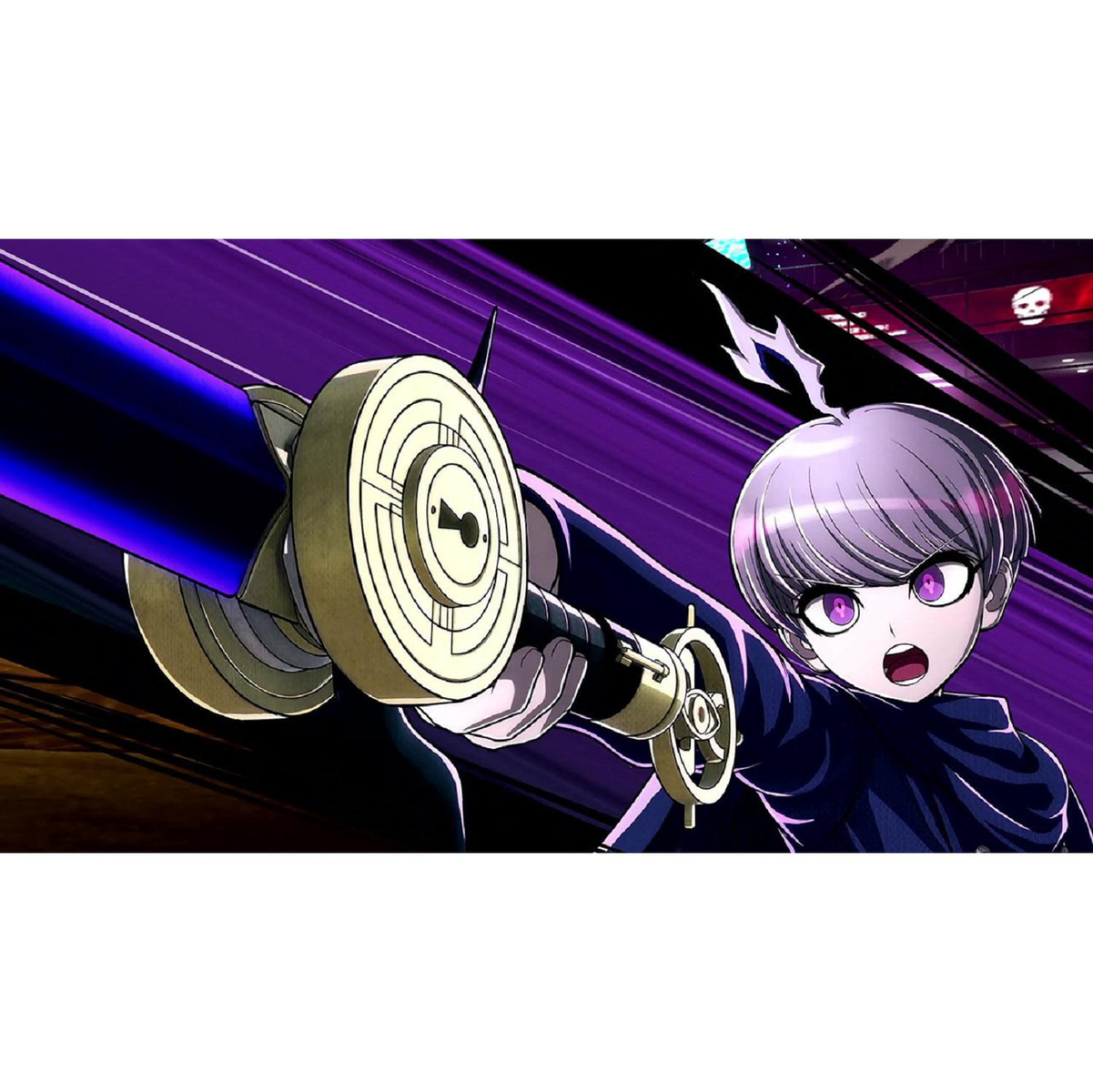 Personaggio anime con arma. Sfondo viola con linee di velocità.