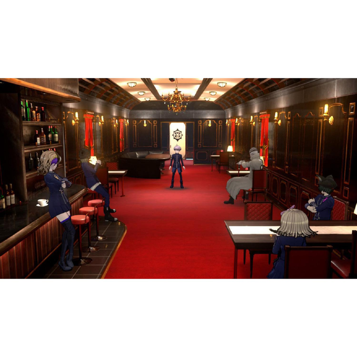 Una scena di gioco con personaggi in un bar con un tappeto rosso.