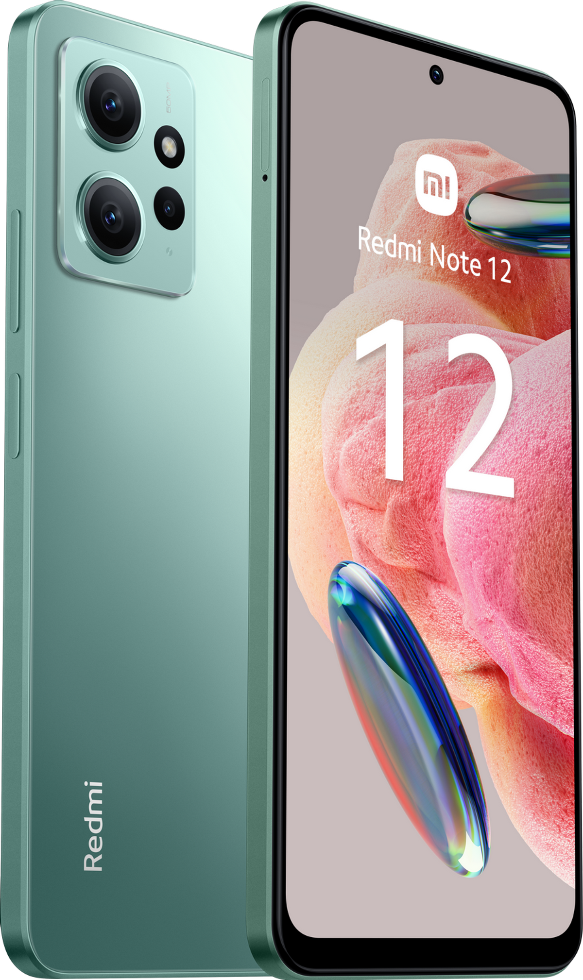 Grünes Smartphone mit großem Kameramodul, zeigt den Bildschirm. Weißer Hintergrund.