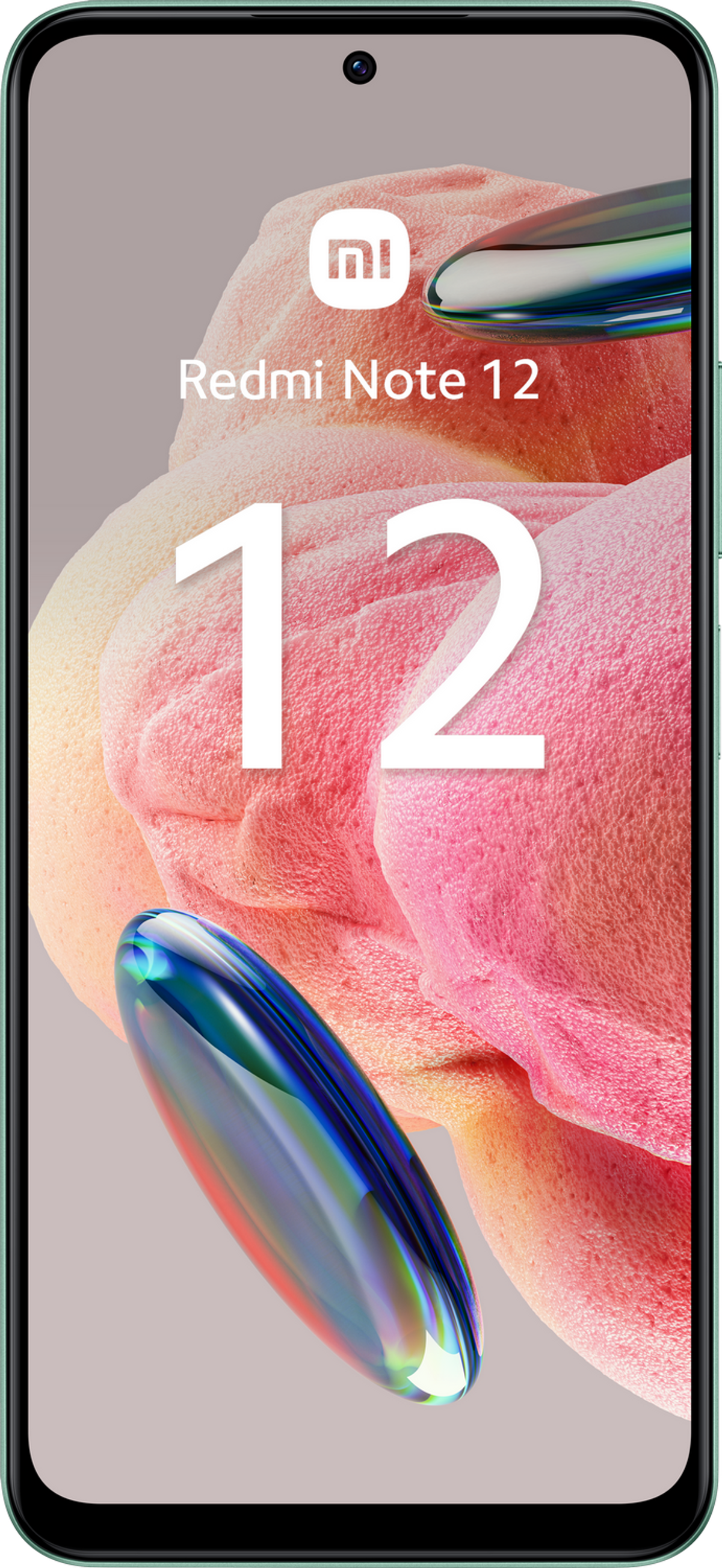 Nahaufnahme eines grünen Redmi Note 12 Smartphones vor Gradientenhintergrund.