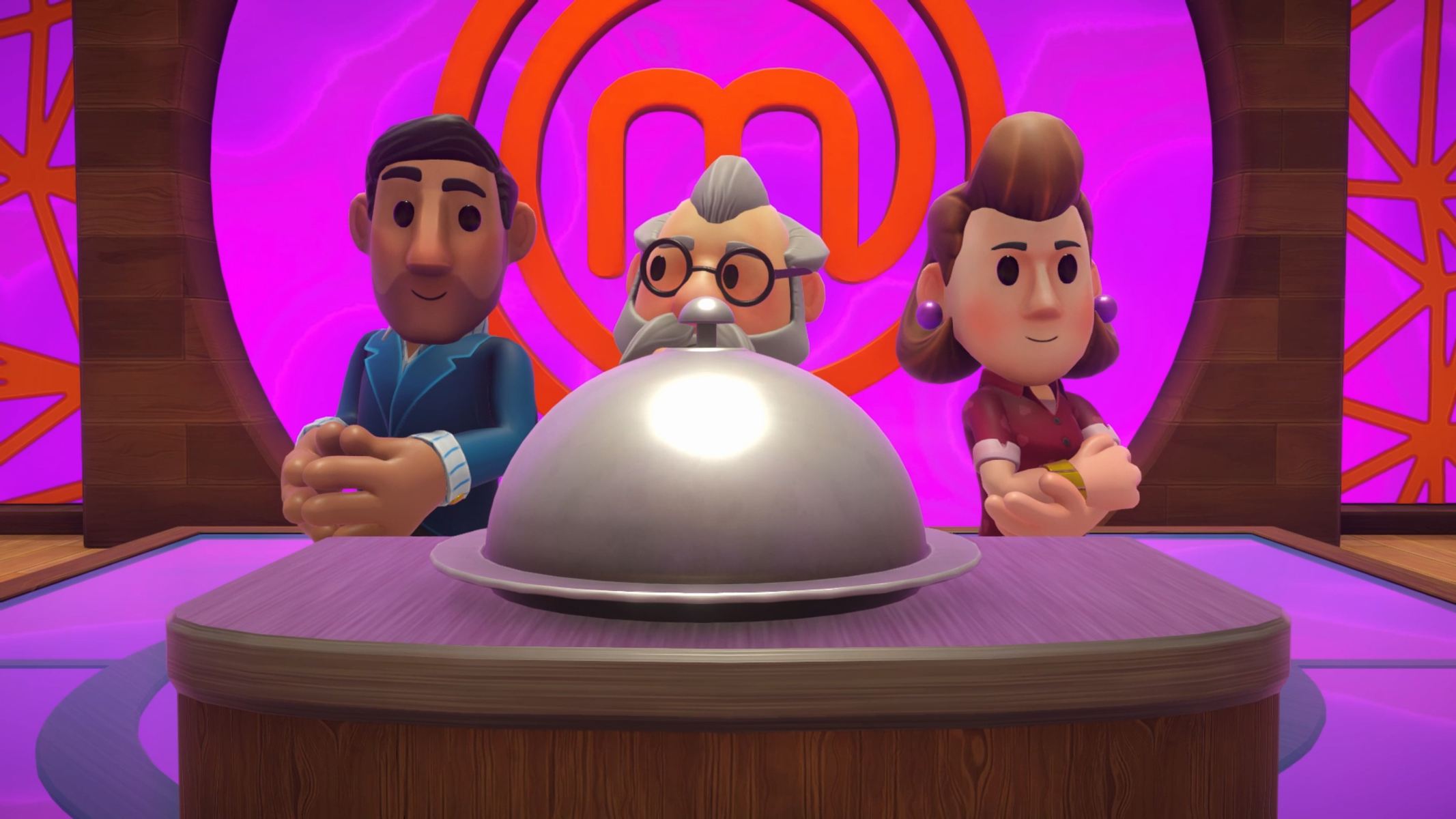 Tres figuras de dibujos animados en una mesa. Un plato plateado en la mesa. Un fondo morado con un logo.