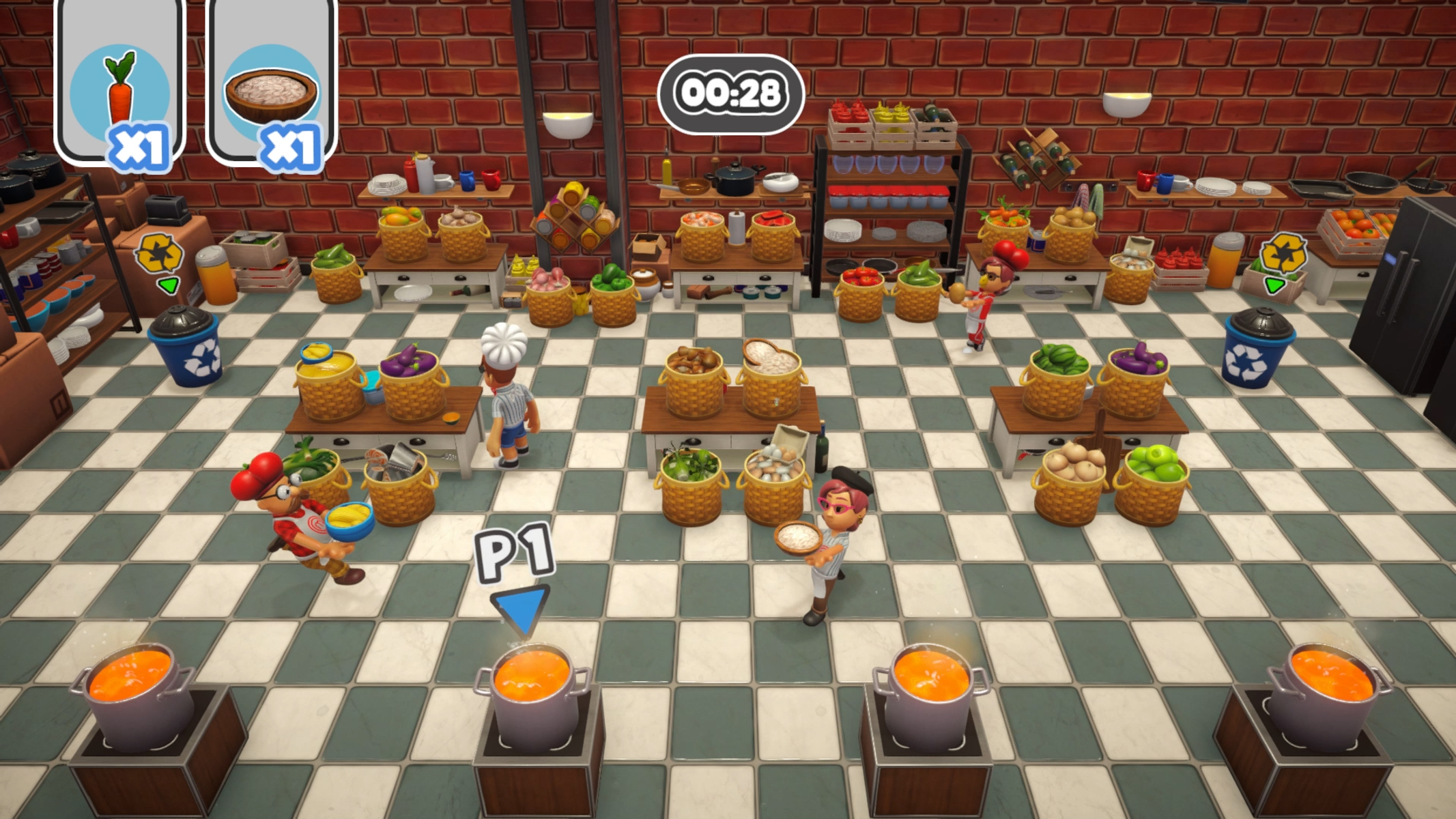 Captura de pantalla del juego Overcooked 2. Una escena de cocina con chefs, estaciones de comida, ingredientes y un temporizador.